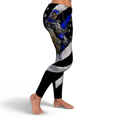 Yoga Spandex Stretch Leggings Thin Blue Line Warrior Design