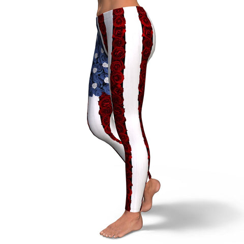 American Flag Roses Yoga Spandex Stretch Pants Leggings